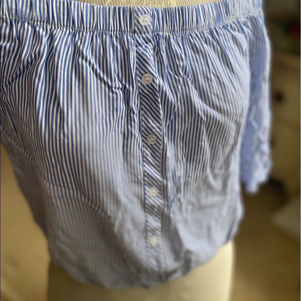Off Shoulder— Blue & White Stripe— Button— Shirt